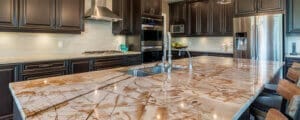 Modern kitchen with dark wood cabinets, stainless steel appliances, and a large polished marble island with a built-in sink and barstool seating.
