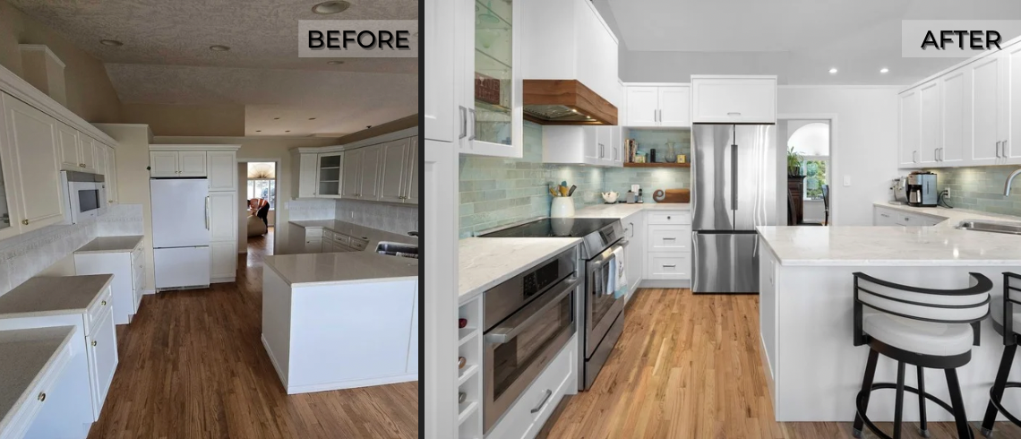 Before and after transformation of a modern kitchen in a Custom Home, featuring sleek white cabinetry, stainless steel appliances, and wooden flooring, showcasing a stylish and functional design.