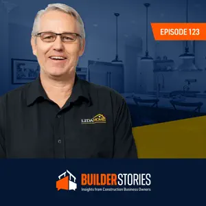 Smiling host of Builder Stories podcast episode 123, promoting insights into Custom Home construction and business strategies.